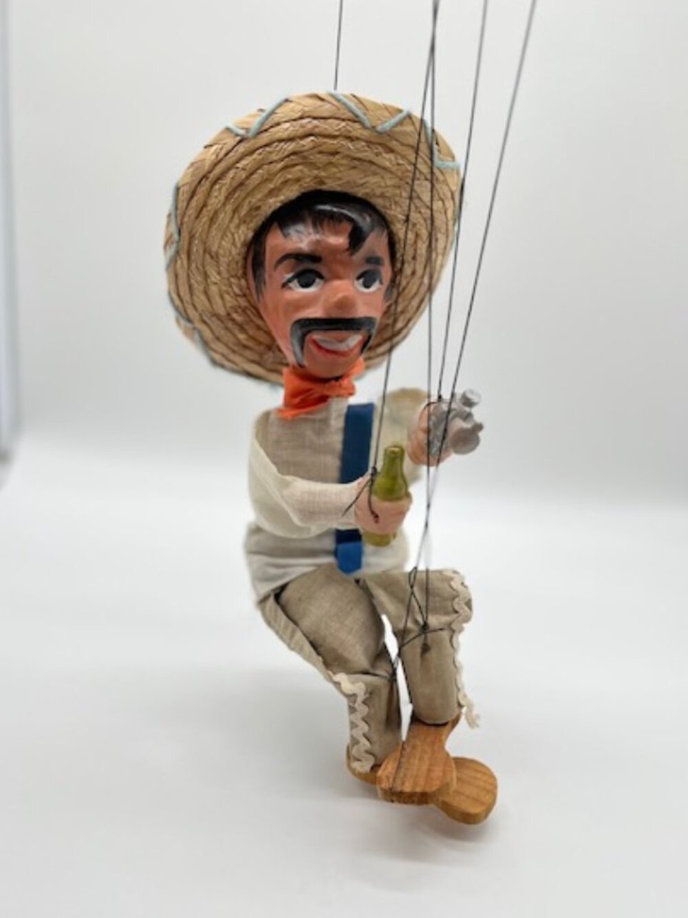 Mexican Bandito Marionette String Puppet Gun Booze Gunslinger Sombrero Folk Art